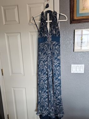 BCBGMaxAzria Blue and White Halter-Backless Maxi Dress- Silk